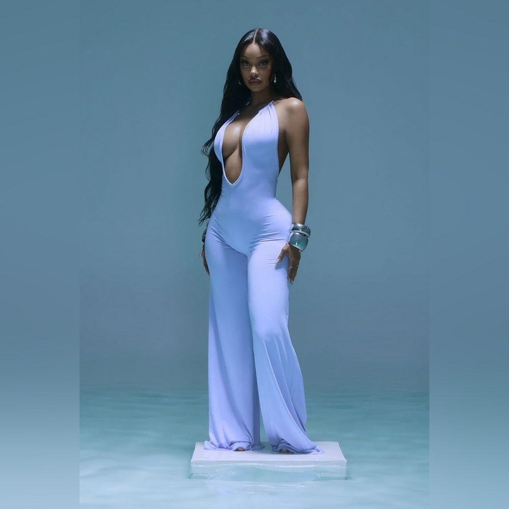 Fashion Nova Light Blue Plunge Halter Wide-Leg Jumpsuit